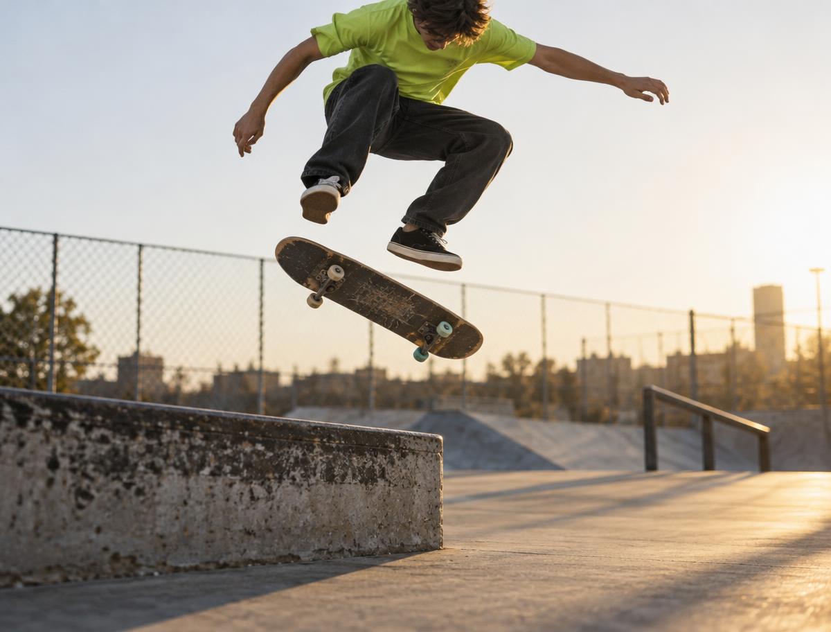A skateboarder mid-kickflip above a concrete ledge at golden hour